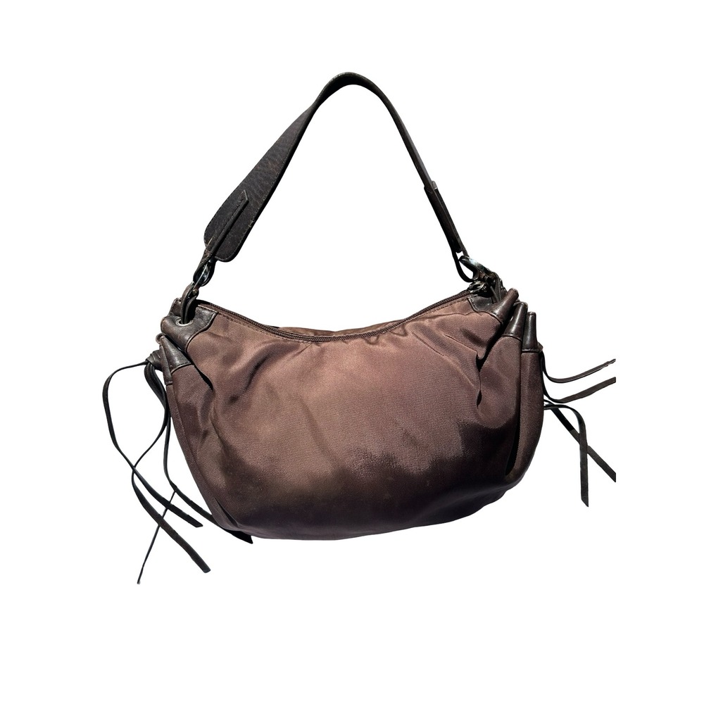 Lancel Paris Hobo Bag Brown Nylon Leather Trim Tassel Shoulder Bag French Luxury
